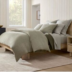 West Elm European Flax Linen Mini Waffle Duvet Cover & Shams - Dark Olive